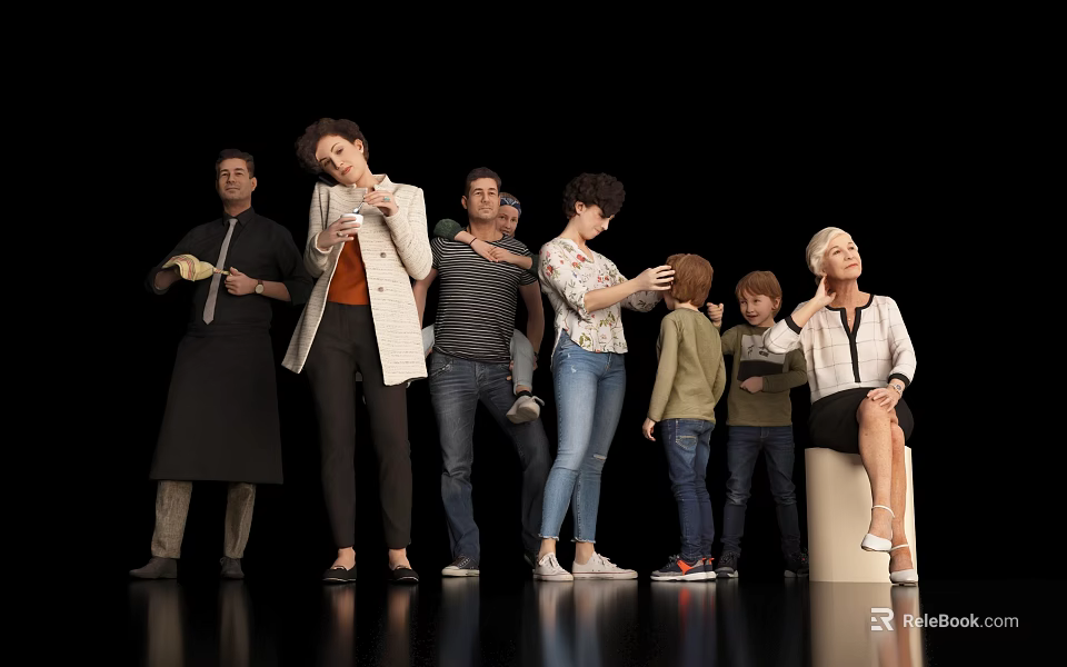 Group of People Including Adults and Children Standing and Sitting on Black Background 3d model 