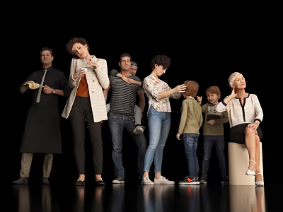 Group of People Including Adults and Children Standing and Sitting on Black Background 3d model