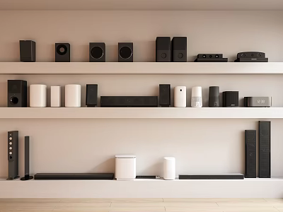 Black and White Headphones and Speakers on Shelves with Various Shapes and Sizes 3d model