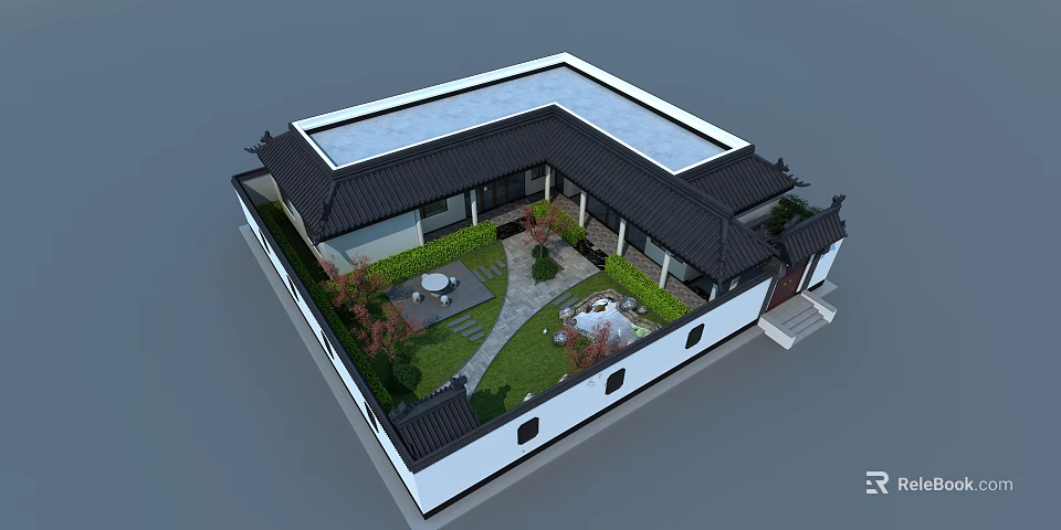 Ancient Chinese Architecture Courtyard Design With Black Roof White Walls Green Plants And Stone Pathway 3d model 