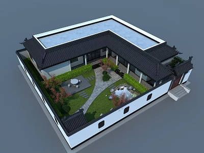Ancient Chinese Architecture Courtyard Design With Black Roof White Walls Green Plants And Stone Pathway 3d model