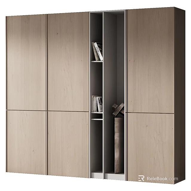 Modern Wooden Bookcase with Open Shelves Cabinet Doors and Books Decorative Accents 3d model 