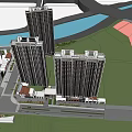 Modern Commercial Street With High Rise Buildings Red Brick Storefronts Outdoor Seating And Pedestrian Walkways