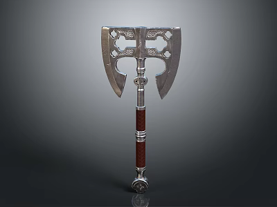 Ornate Double Bladed Axe With Metal Head And Red Wooden Handle 3d model