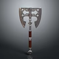Ornate Double Bladed Axe With Metal Head And Red Wooden Handle