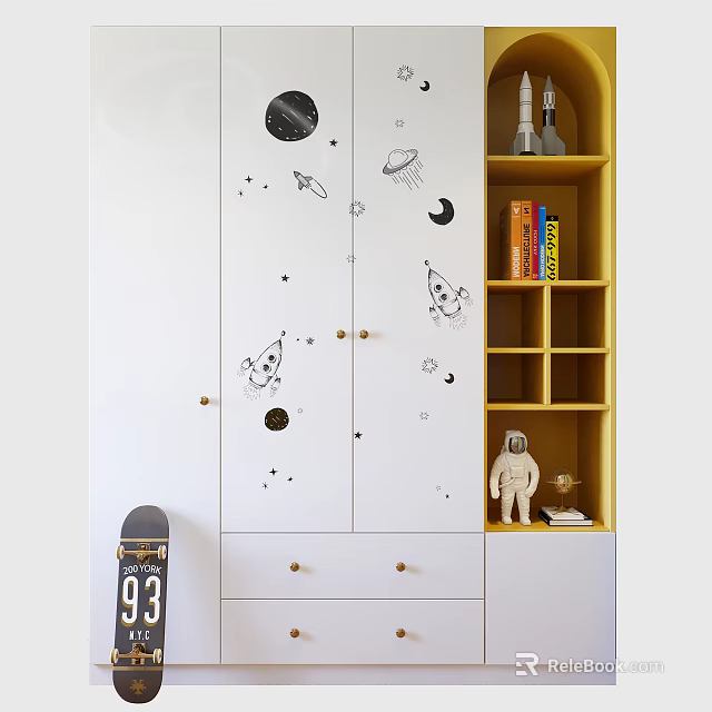 White Wardrobe With Space Themed Decals And Yellow Shelves With Astronaut Decor 3d model 
