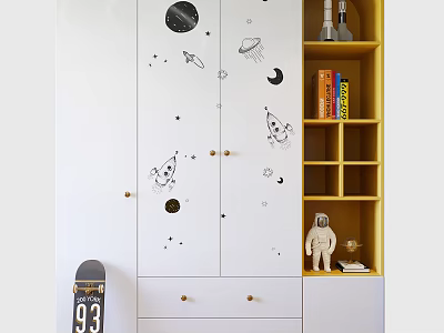White Wardrobe With Space Themed Decals And Yellow Shelves With Astronaut Decor 3d model