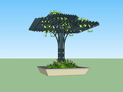 Outdoor Garden Pergola with Lattice Structure Climbing Vines and Green Flower Bed 3d model