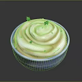 Creamy Sauce With Swirled Pattern And Green Herbs In Light Blue Bowl On Dark Background