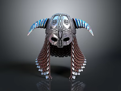 Medieval Viking Horned Helmet Made Of Steel With Decorative Chainmail And Carvings 3d model