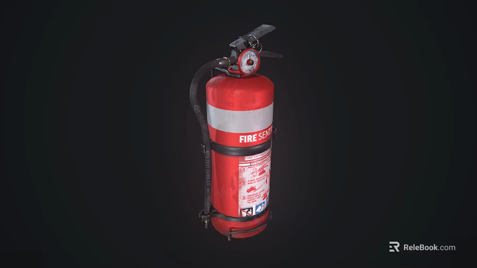 Red Fire Extinguisher With Pressure Gauge Hose And Safety Label For Fire Safety 3d model 
