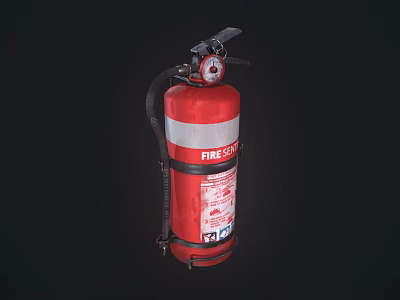 Red Fire Extinguisher With Pressure Gauge Hose And Safety Label For Fire Safety 3d model