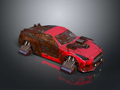 Red Rusty Modified Car 3D Model With Mechanical Parts And Custom Design 3d model