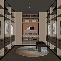 Luxury Walk in Closet Interior Design With Glass Door Cabinets Wooden Shelves And Bench Seating