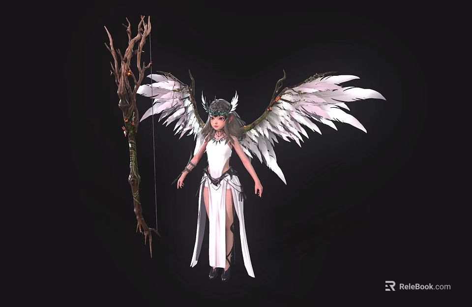 Fantasy Game Character With White Feathered Wings Bow White Dress And Headpiece 3d model 