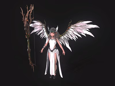 Fantasy Game Character With White Feathered Wings Bow White Dress And Headpiece 3d model