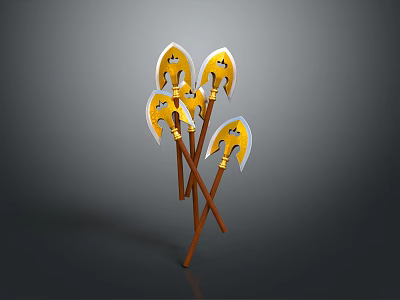 Five Yellow And White Decorated Axes With Brown Handles Crossed Together 3d model