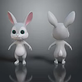 Cute White Cartoon Rabbit With Pink Ears Green Eyes Front And Back View With Reflection