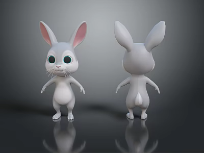 Cute White Cartoon Rabbit With Pink Ears Green Eyes Front And Back View With Reflection 3d model