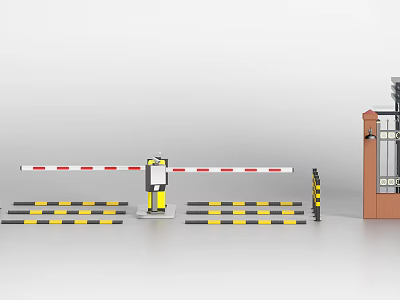Automatic Security Barrier Gate with Red White Rail Yellow Black Speed Bumps and Brick Pillar 3d model