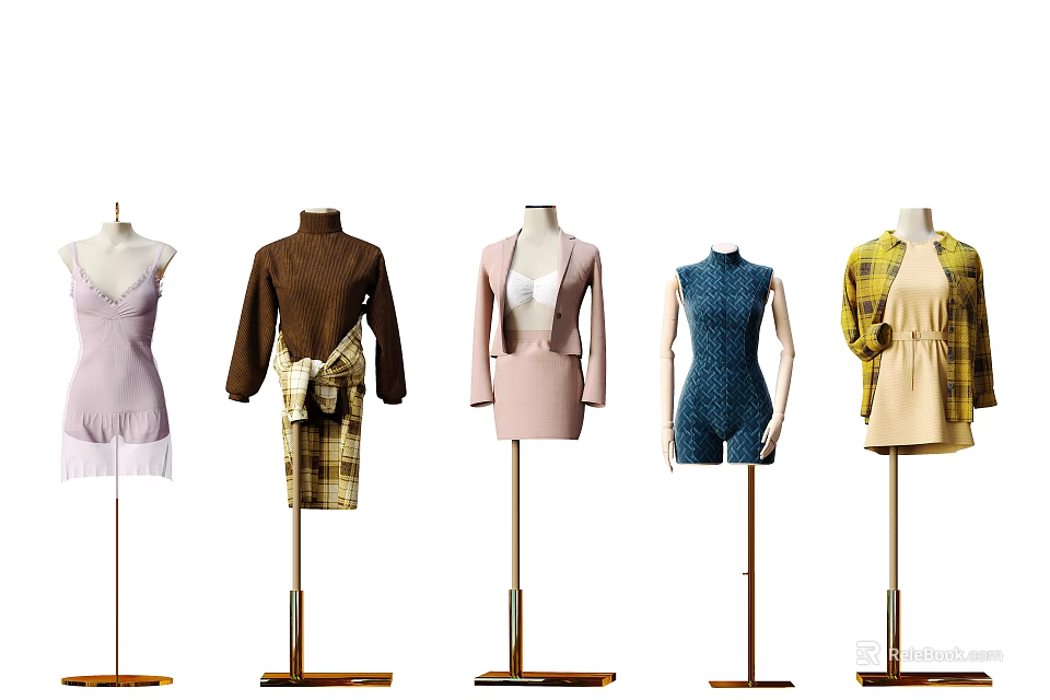 Mannequins Display Various Stylish Outfits On Gold Display Stands In Clothing Showroom 3d model 