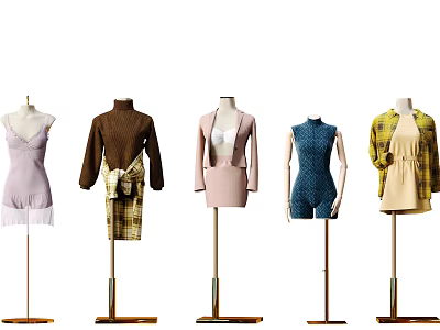 Mannequins Display Various Stylish Outfits On Gold Display Stands In Clothing Showroom 3d model