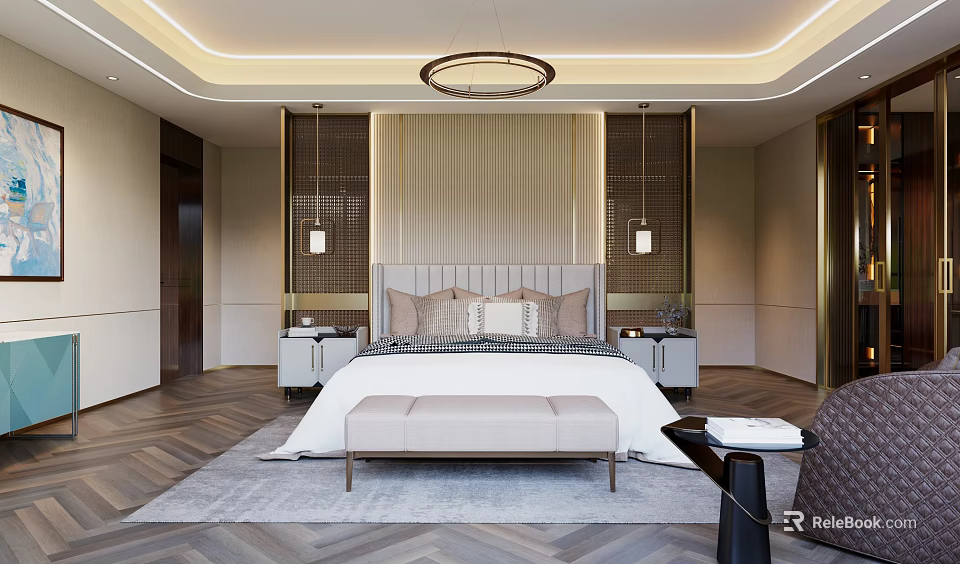Modern Bedroom Interior Design With Upholstered Headboard Nightstands Bench And Area Rug 3d model 