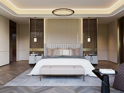 Modern Bedroom Interior Design With Upholstered Headboard Nightstands Bench And Area Rug 3d model