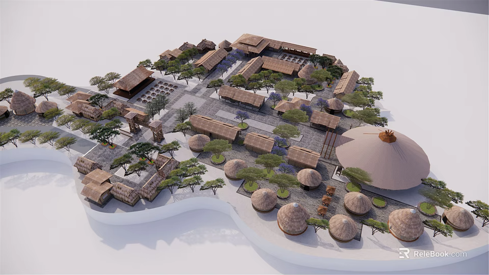 Traditional Style Hotel Building With Courtyard Trees And Round Thatched Huts 3d model 