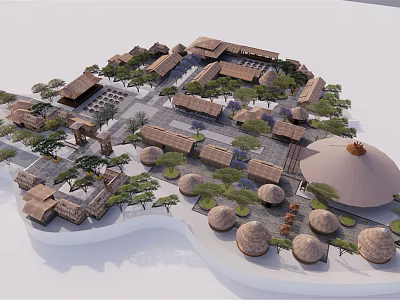 Traditional Style Hotel Building With Courtyard Trees And Round Thatched Huts 3d model