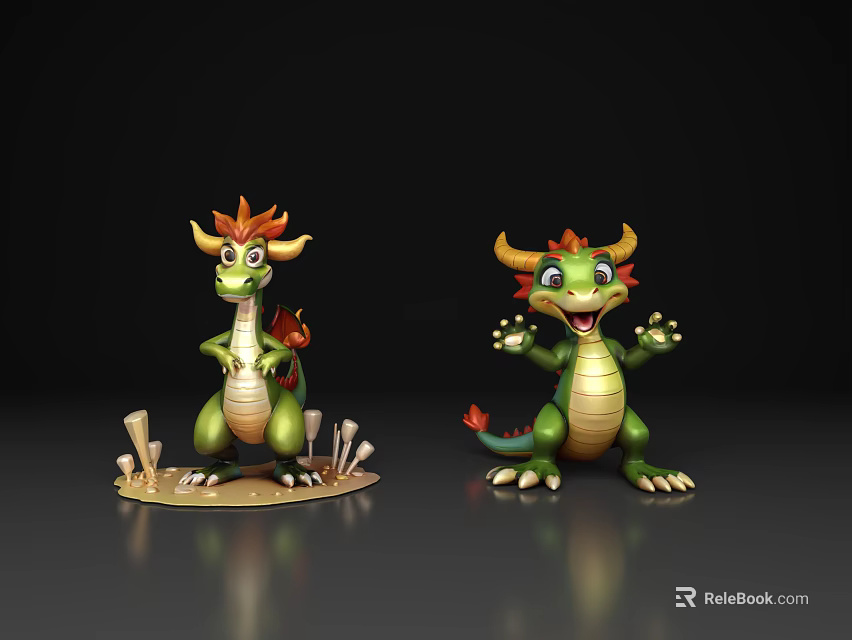 Cartoon Flying Dragons 3D Model With Green Body Orange Manes Sitting Waving Poses Dark Background 3d model 