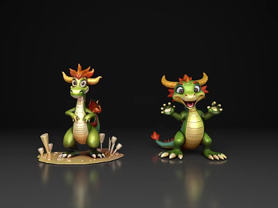 Cartoon Flying Dragons 3D Model With Green Body Orange Manes Sitting Waving Poses Dark Background 3d model