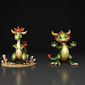 Cartoon Flying Dragons 3D Model With Green Body Orange Manes Sitting Waving Poses Dark Background