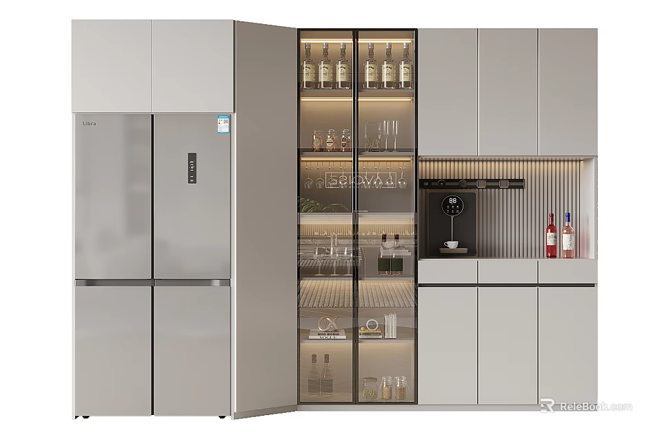 Modern Kitchen Wine Cabinet With Glass Doors Displaying Wine Bottles And Glassware 3d model 