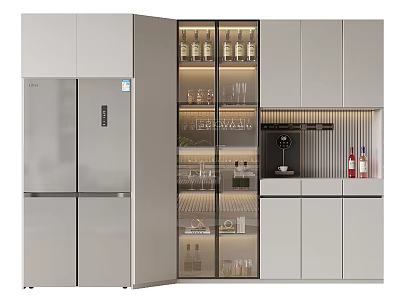 Modern Kitchen Wine Cabinet With Glass Doors Displaying Wine Bottles And Glassware 3d model