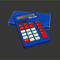 Blue Desktop Calculator With Red And White Keys And Digital Display Screen