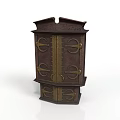 Vintage Dark Brown Cabinet With Brass Handles And Carved Decorative Details