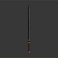Two Long Swords with Metal Blades Red and Gold Decorative Hilts on Black Background