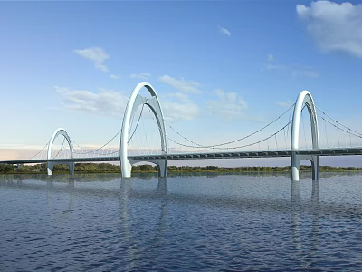 Modern White Arch Bridge Over Water With Blue Sky Clouds And Reflection 3d model
