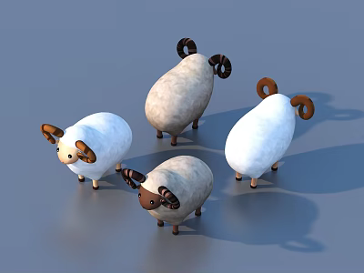 Group Of Cartoon Sheep 3D Models With White And Light Brown Fur And Curved Horns 3d model