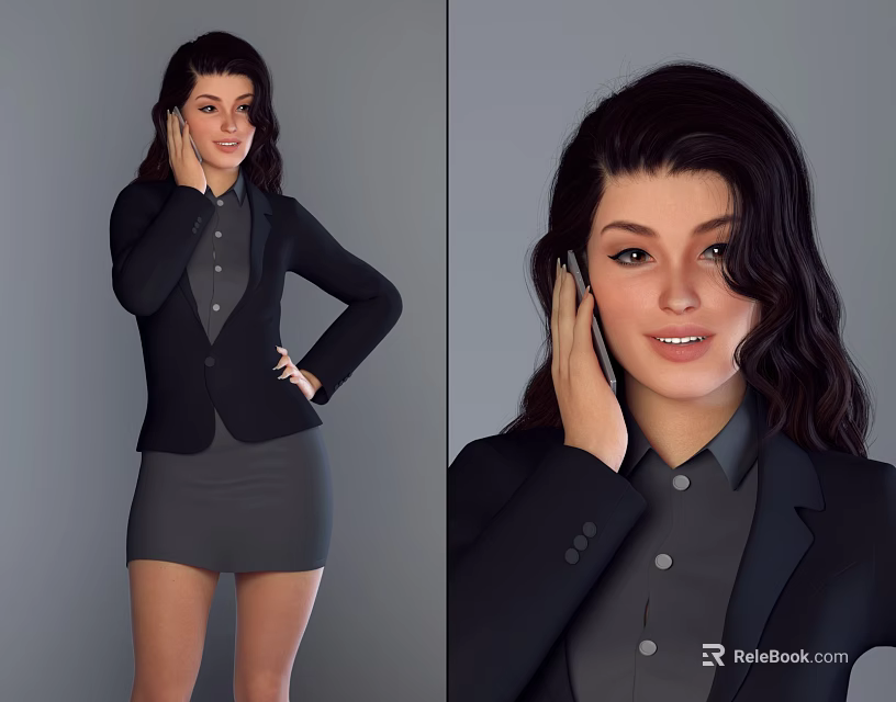 Business Woman In Black Blazer And Gray Skirt Talking On Mobile Phone 3d model 