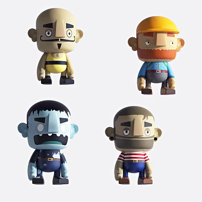 Cartoon Style Toy Dolls With Various Outfits Hats And Colorful Designs 3d model