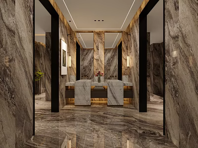 Modern Public Restroom Interior Design With Marble Walls Double Vanities Mirrors And Lighting Design 3d model