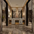 Modern Public Restroom Interior Design With Marble Walls Double Vanities Mirrors And Lighting Design