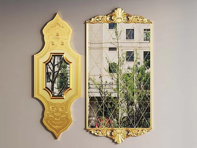 Decorative Mirrors With Golden Carved Frames And Geometric Patterns Reflecting Exterior Scenes 3d model