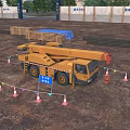 Yellow Crane Truck at Construction Site With Tall Buildings Cones And Clear Area Sign