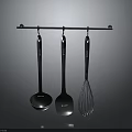 Stainless Steel Kitchen Utensils Hanging On Metal Rod For Cooking Use