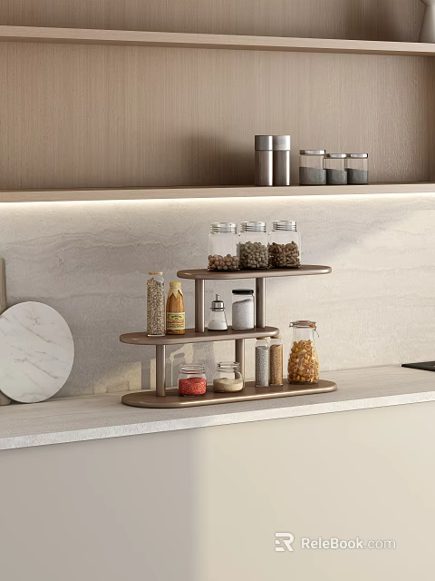 Modern Kitchen Interior With Two Tier Wooden Shelf Glass Jars And Light Colored Wall 3d model 