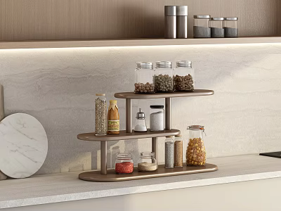 Modern Kitchen Interior With Two Tier Wooden Shelf Glass Jars And Light Colored Wall 3d model