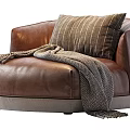 Modern Brown Leather Single Sofa With Gray Base Striped Pillow And Cozy Throw Blanket